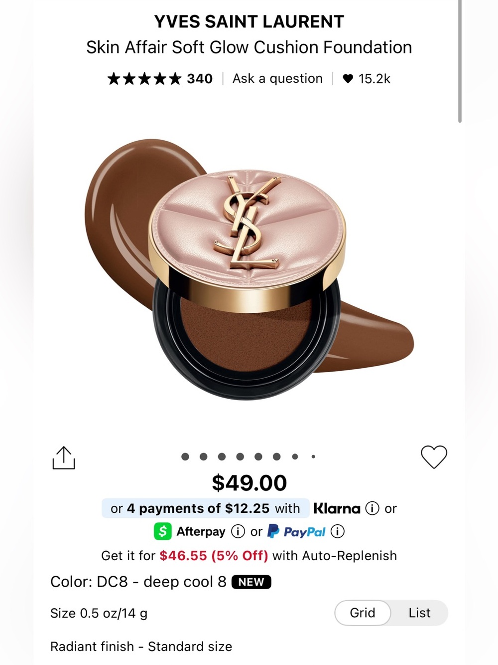 YSL Yves Saint Laurent Soft Glow Cushion Foundation - Color: DC8 - deep cool 8
